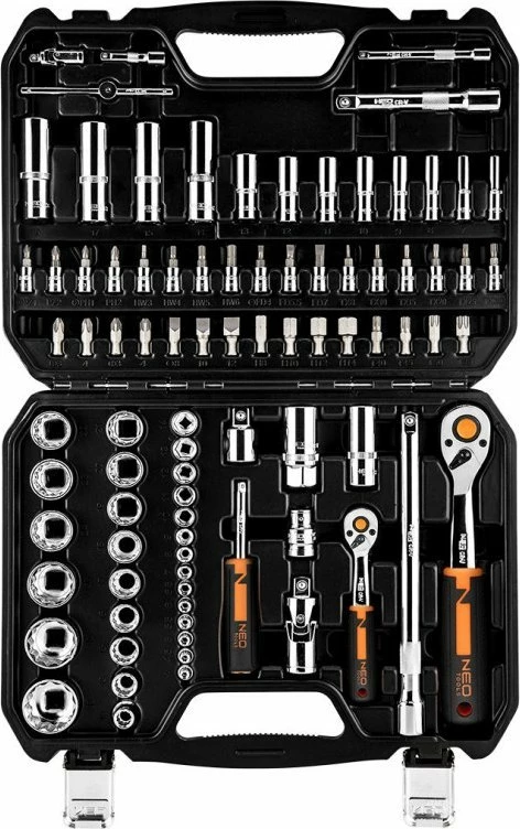Set veglash NEO 10-060, 86 copë, 1/2" & 1/4" ratchet, kasetë plastike, zi/portokalli