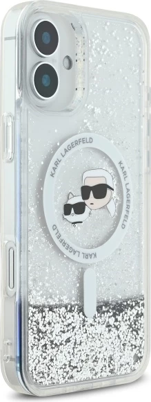 Mbështjellës Karl Lagerfeld Liquid Glitter Karl & Choupette Head MagSafe për iPhone 16 Plus, Transparent