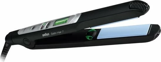 Pjastër flokësh Braun Satin Hair 7 ST710E, me jonizim IONTEC, pllaka qeramike NanoGlide, 130–200°C, e zezë