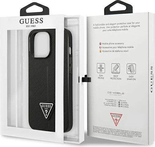 Mbështjellës Guess SaffianoTriangle Logo për iPhone 14 Pro 6.1", i zi, hardcase