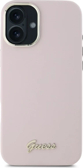 Mbështjellës Guess Silicone Script Metal Logo & Frame për iPhone 16 Plus, Rozë