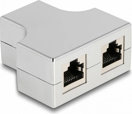 Adapter RJ45 Splitter DeLOCK T, 1x RJ45 në 2x RJ45, Cat5e STP, argjendtë