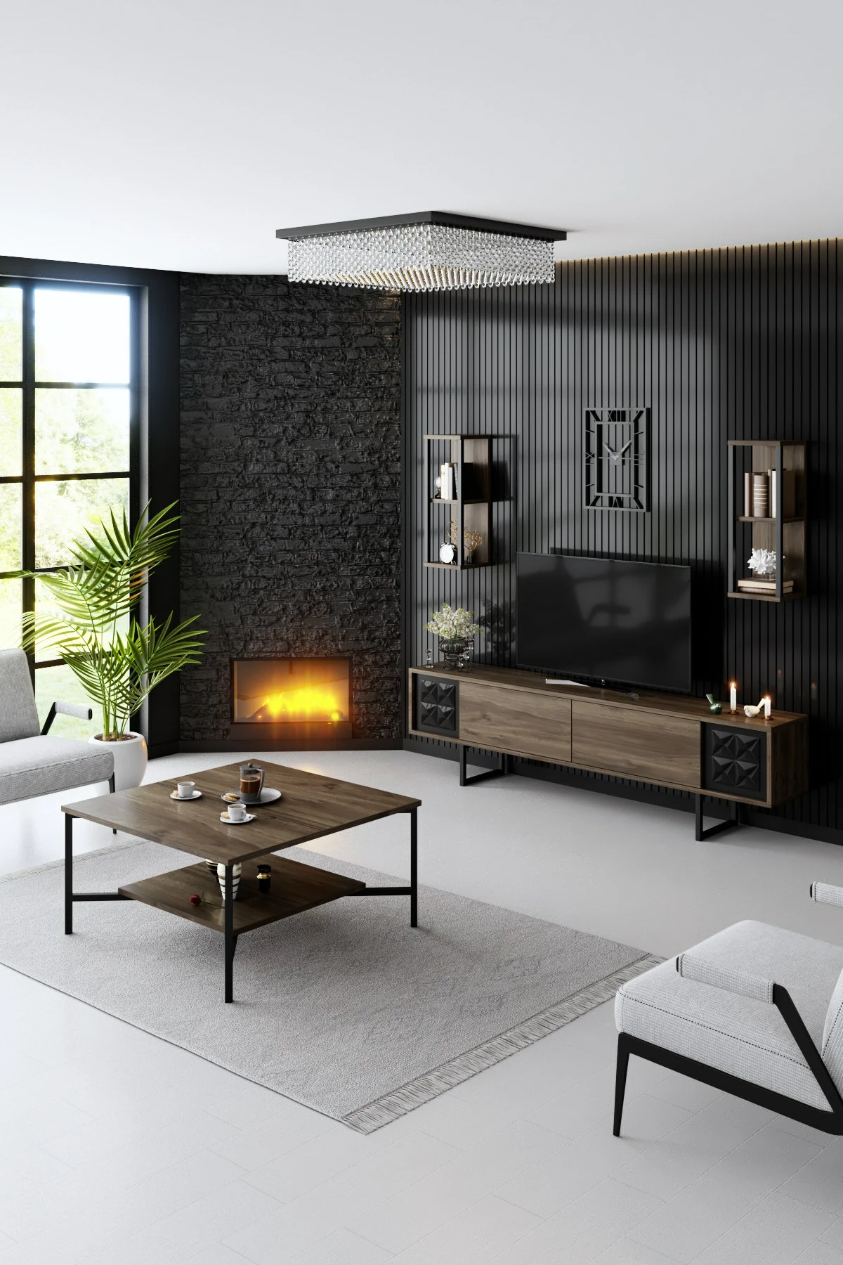 Njësi TV Hanah Home, vijë e zezë, ngjyrë arre, e zezë