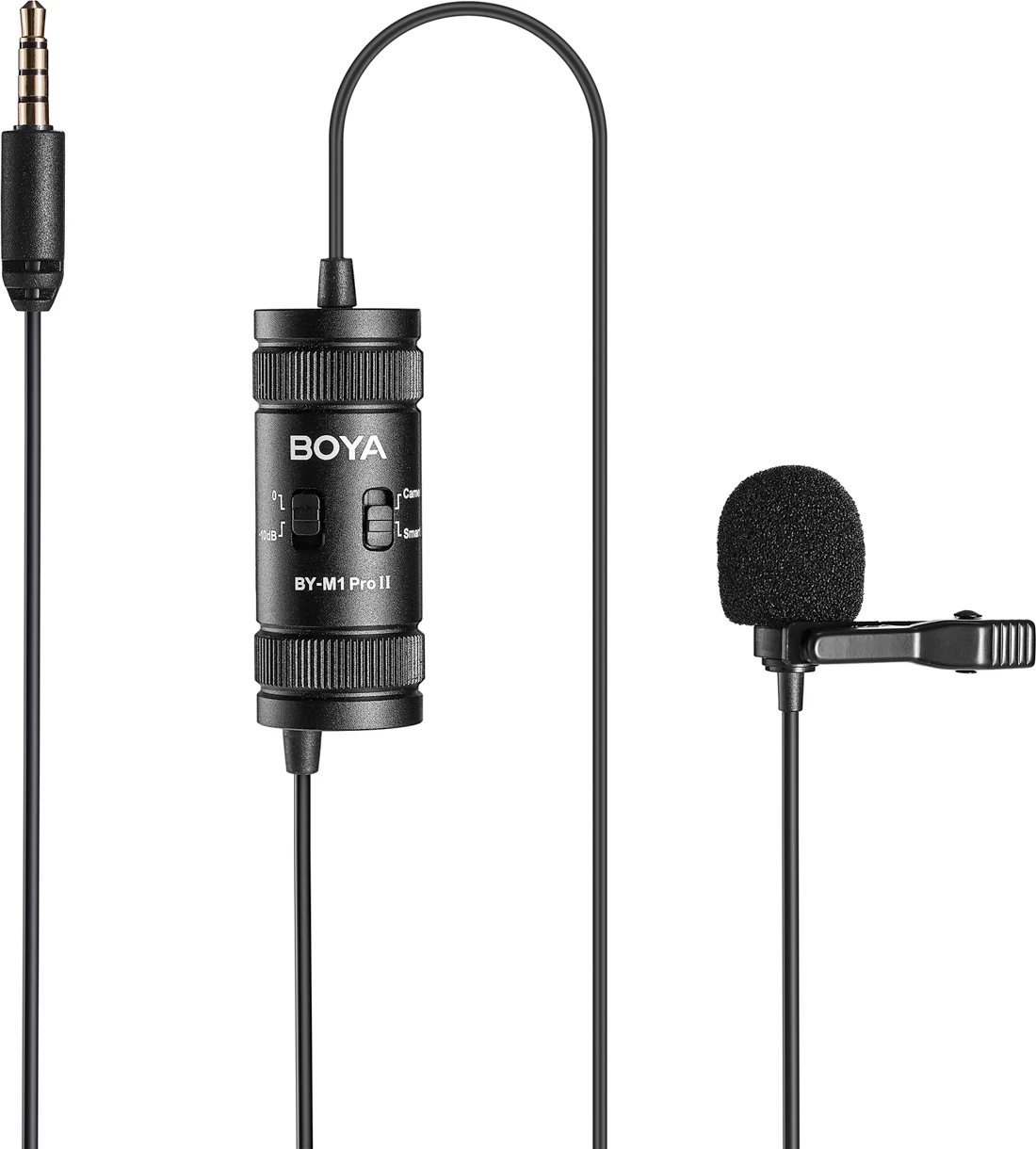 Mikrofon lavalier i lidhur BOYA BY-M1 Pro II, 3.5mm TRRS, kabllo 6 m, me monitorim, i zi, set me klip dhe mbrojtës ere