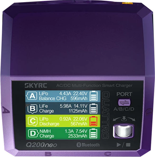 Karikues SkyRC Q200neo për bateri RC, 4 porta, AC/DC, Violet