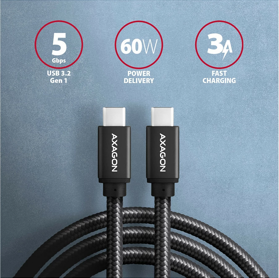 Kabëll USB-C Axagon BUCM3-CM10AB, USB 3.2 Gen 1, 1m, i zi
