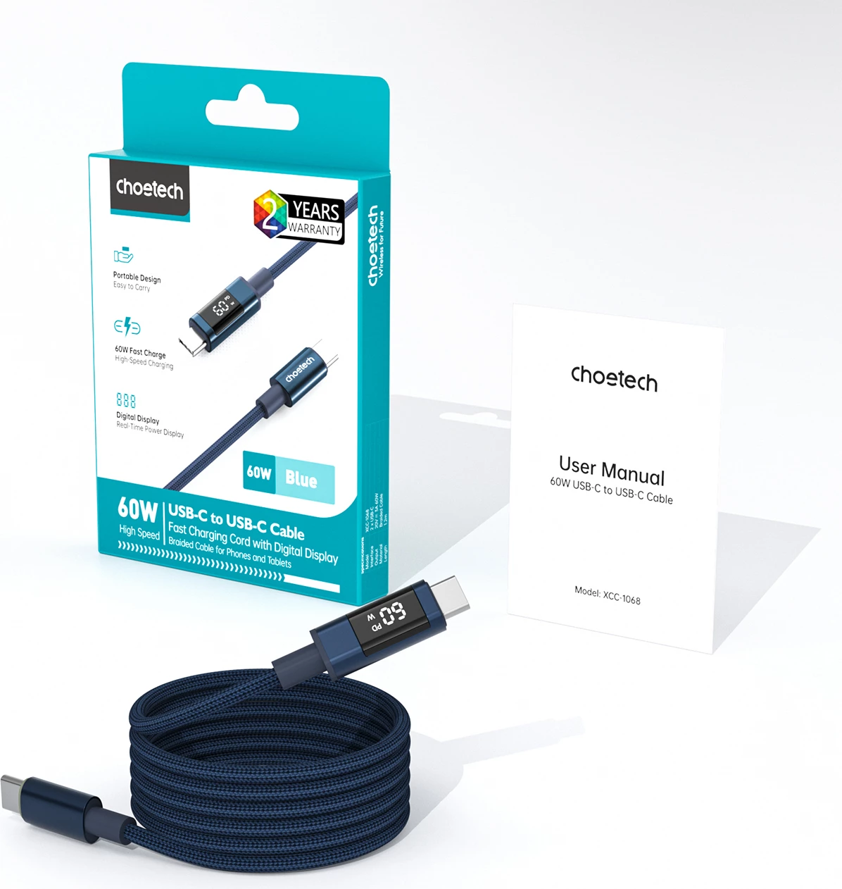 Kabllo USB-C në USB-C Choetech XCC-1068 PD 60W 1.2 m me ekran, blu