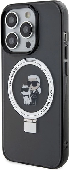 Mbështjellës Karl Lagerfeld KLHMP15LHMRSKCK për iPhone 15 Pro 6.1", me unazë Ring Stand Karl&Choupette, MagSafe, zi