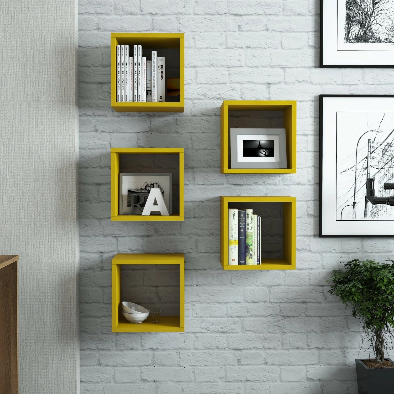 Raft muri, ngjyrë e verdhë, Skye Decor, 5 copë
