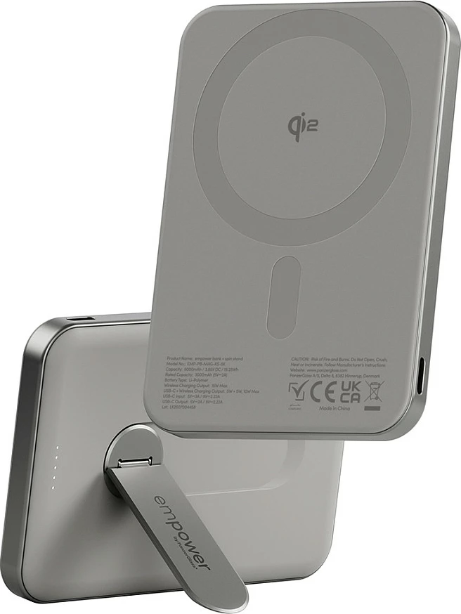 Power bank PanzerGlass empower Bank Spin Stand, 5000mAh, Qi2/MagSafe, 15W wireless, USB-C 20W, Titanium