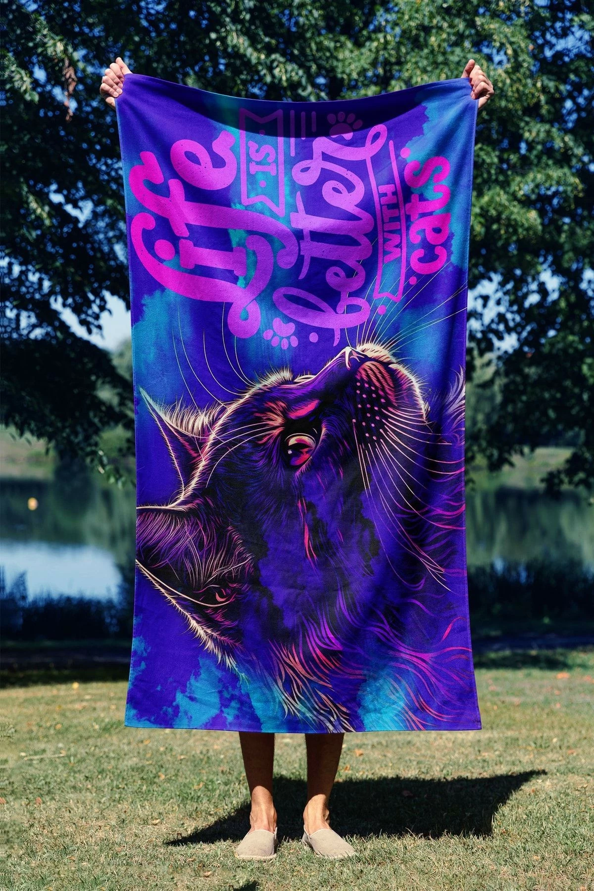 Peshqir plazhi Mijolnir, Life With Cats, shumëngjyrësh, 70x130cm
