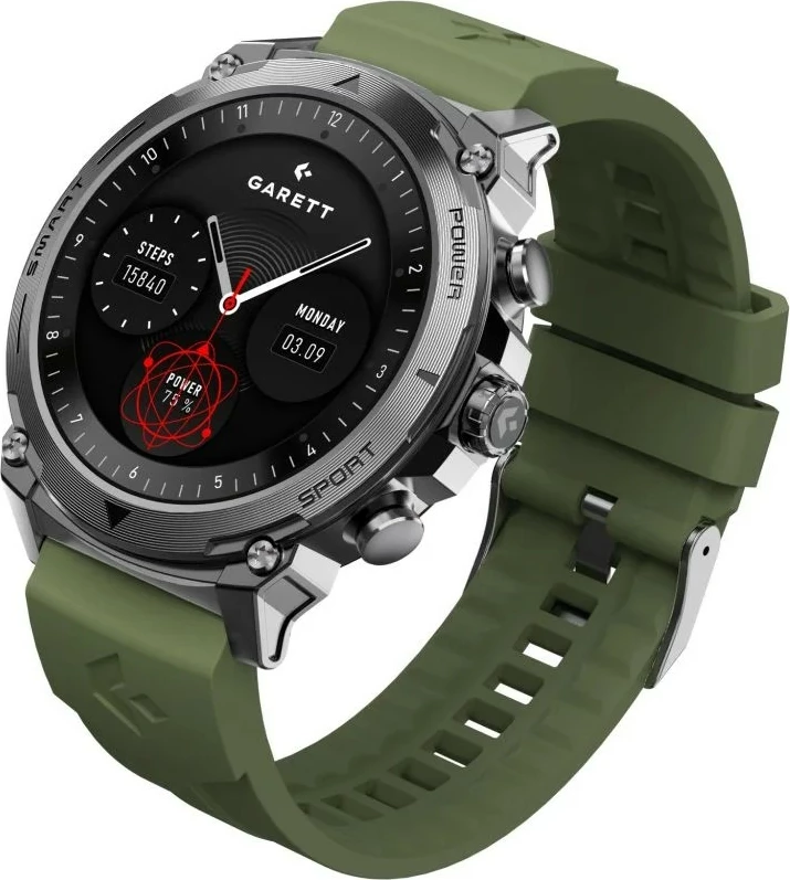 Smartwatch Garett Atom 1.43\" AMOLED, Bluetooth thirrje, IP68, 370 mAh, argjendtë, set me rrip shtesë silikonik