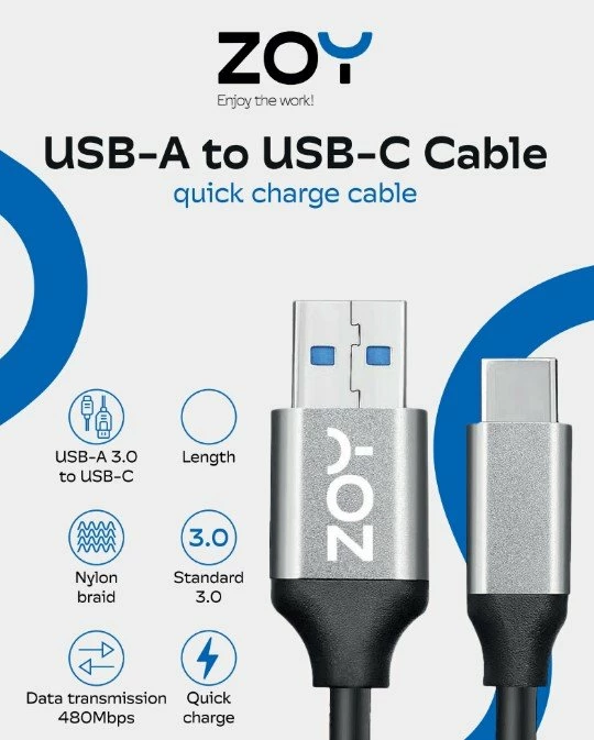 Kabllo USB ZOY ZCAC1 USB-A në USB-C 1 m USB 3.0 e zezë-argjendtë