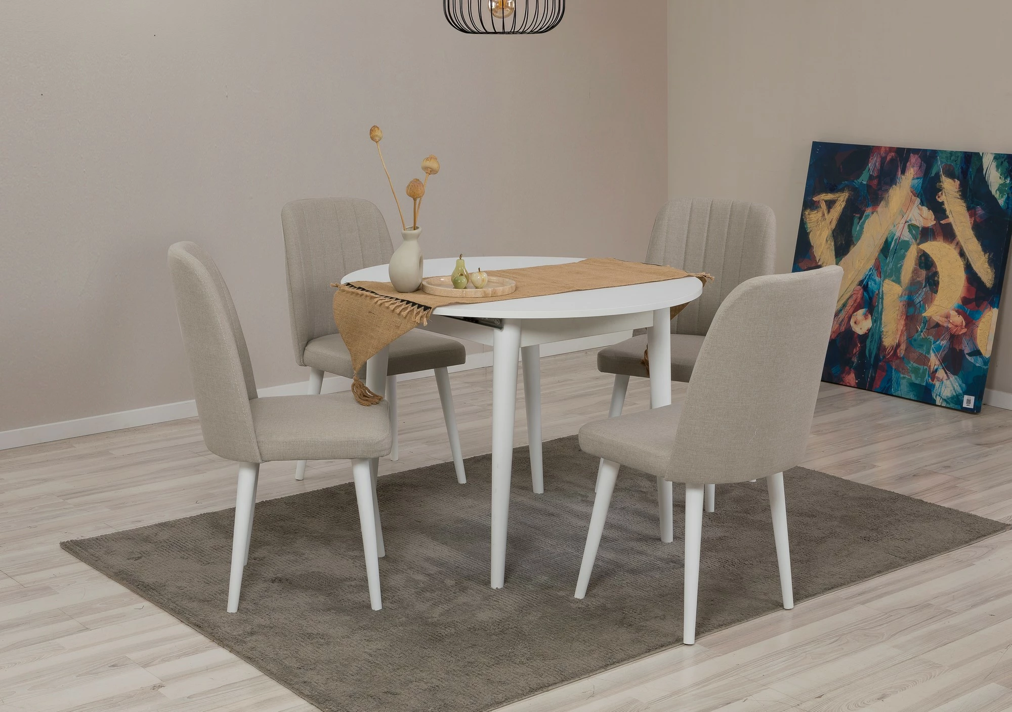 Tavolinë me karrige, zgjatshme, 5 copë, Skye Decor, Vina 1005 5, e bardhë, krem