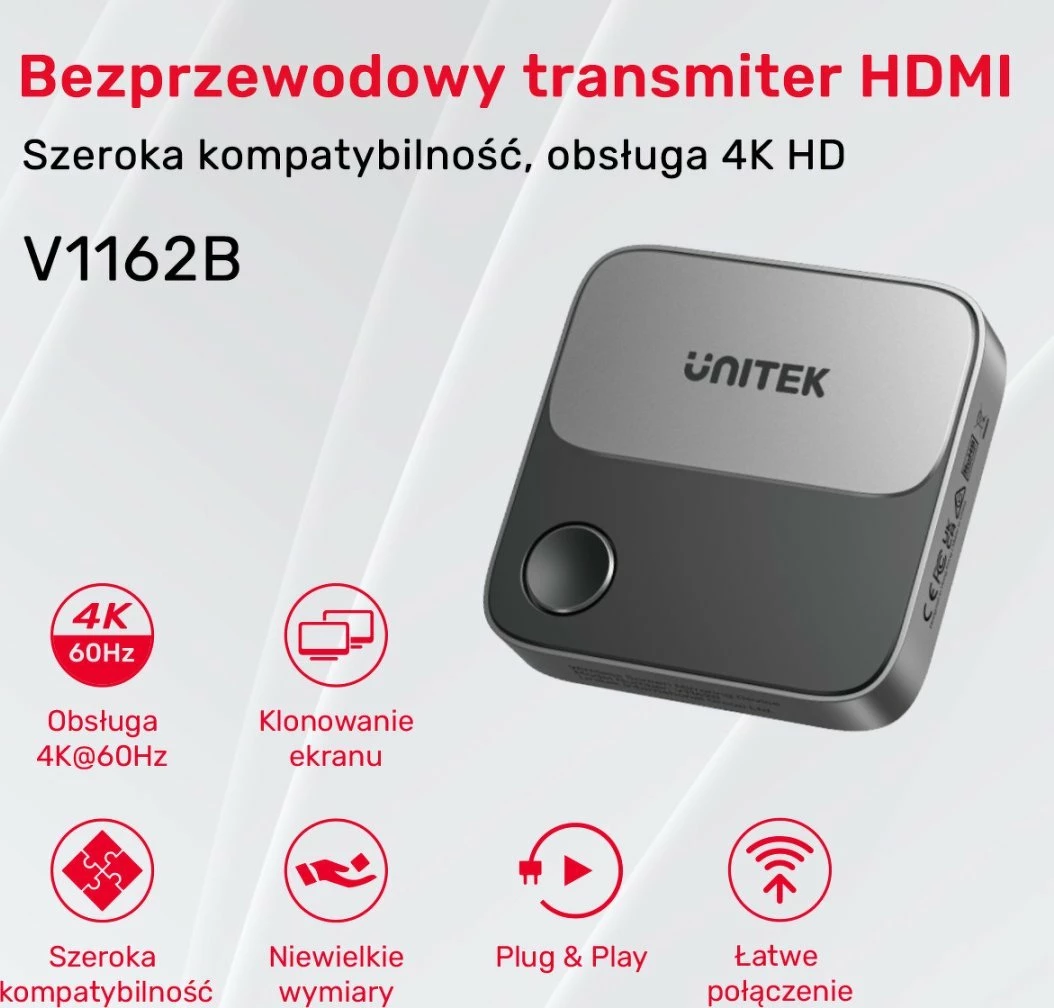 Transmetues HDMI pa tel Unitek V1162B01 4K@60Hz Wi‑Fi 2.4/5GHz rreze 8m, zi-gri, set me kabllo