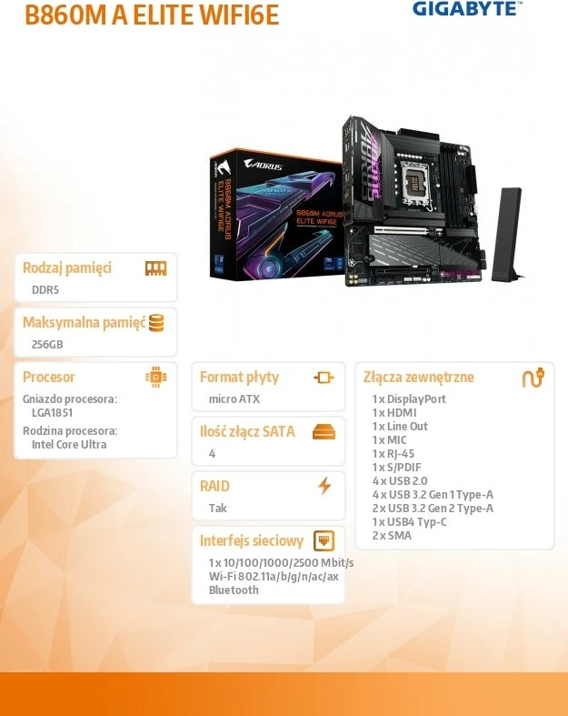 Pllakë amë Gigabyte B860M A ELITE WIFI6E, micro ATX, LGA1851, DDR5, Wi-Fi 6E