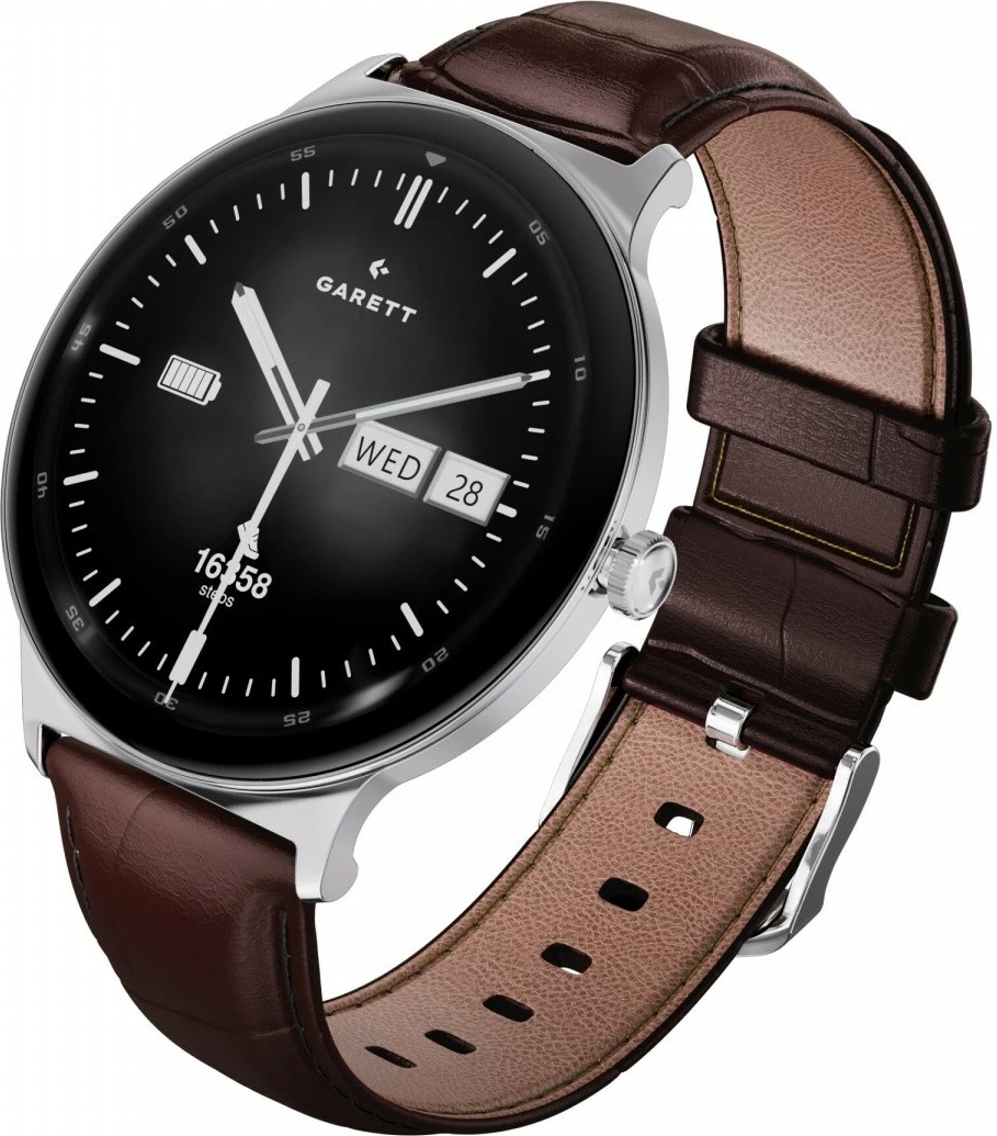 Smartwatch Garett Quantum 1.43\" AMOLED, Bluetooth (thirrje), IP68, 200 mAh, set byzylyk çeliku + rrip lëkure (kafe), Silver
