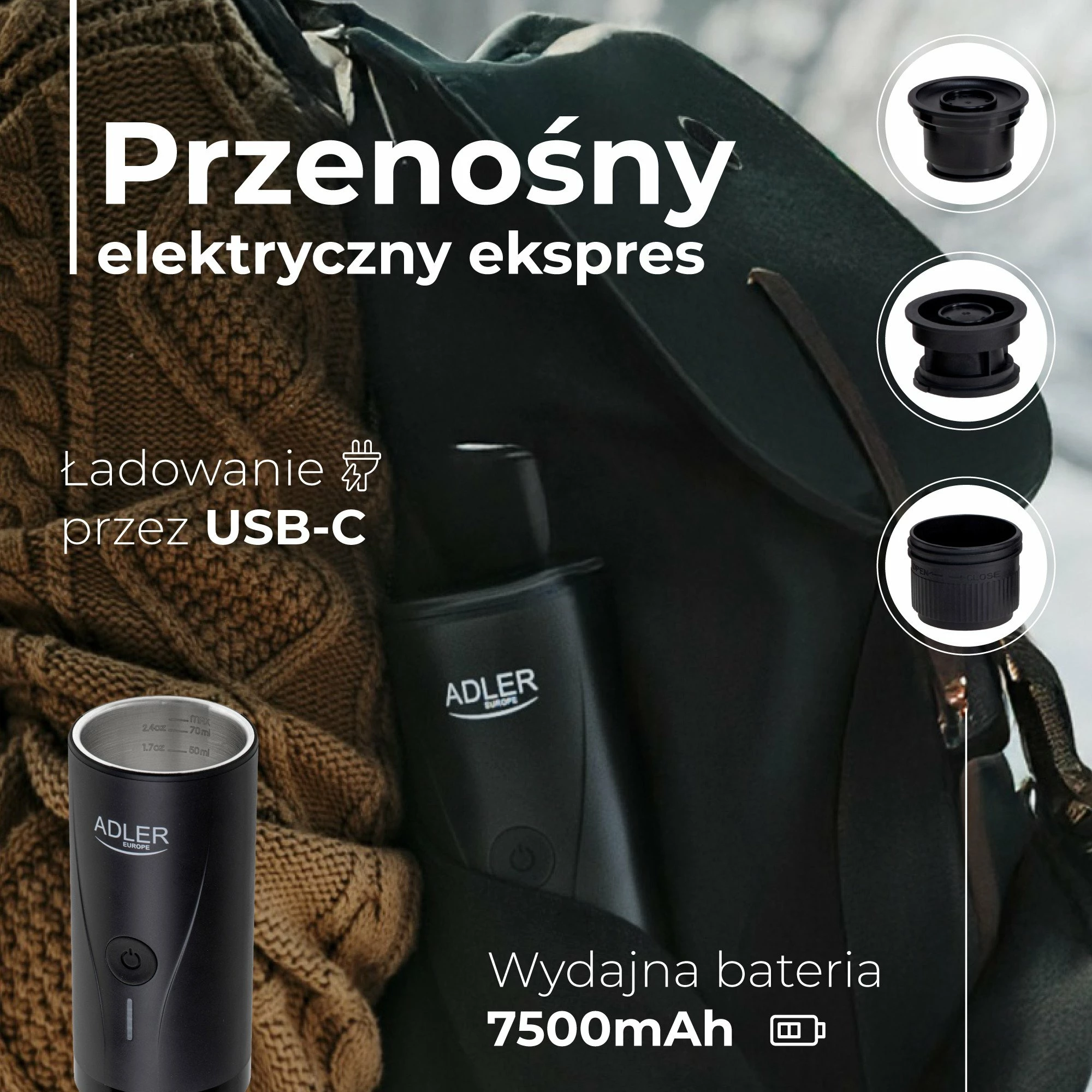 Makinë kafeje portative me kapsula Adler AD 4400, 20 bar, USB-C, 7500mAh, për Nespresso, e zezë