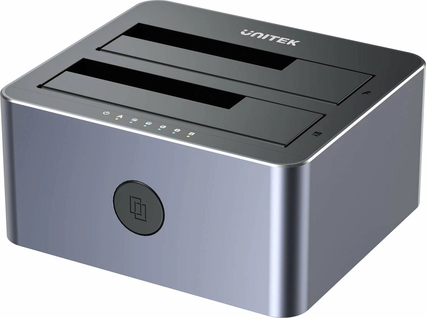 Stacion klonimi/dokimi disqesh Unitek Y-3026GY01-EU, 2x SATA 2.5\"/3.5\", USB 3.2 Gen 1 5Gbps, klonim offline, gri, set me kabllo USB-A dhe adapter 12V 3A