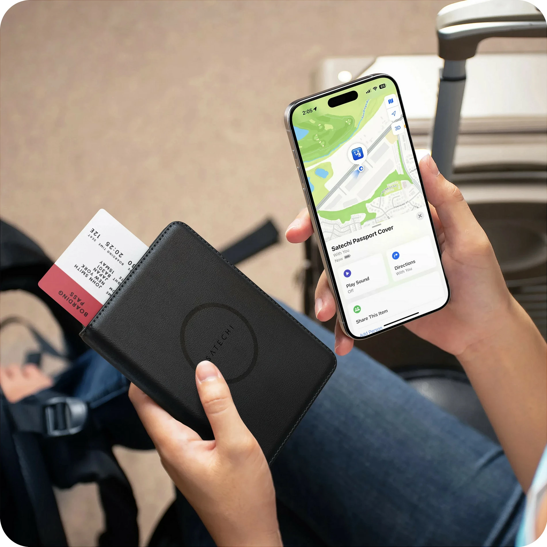 Kuletë pasaporte Satechi Vegan-Leather me Find My, e zezë