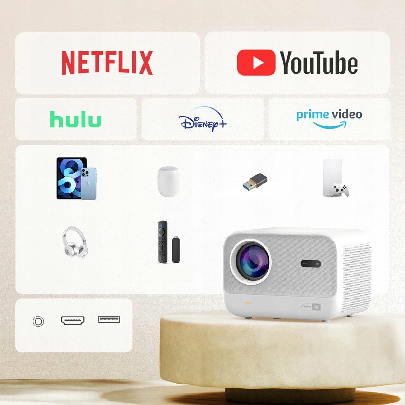 Projektor Yaber L2s Full HD 1080p 700 ANSI, WiFi 6, Bluetooth, JBL 16W, i bardhë