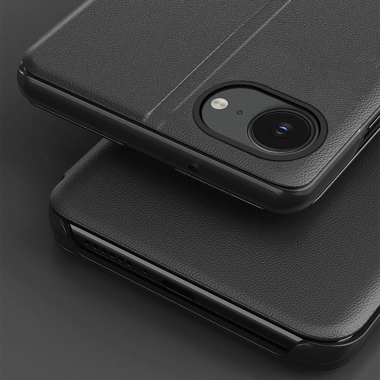 Mbështjellës Hurtel Eco Leather View Case për iPhone 16e, me kapak dhe mbajtëse, i zi
