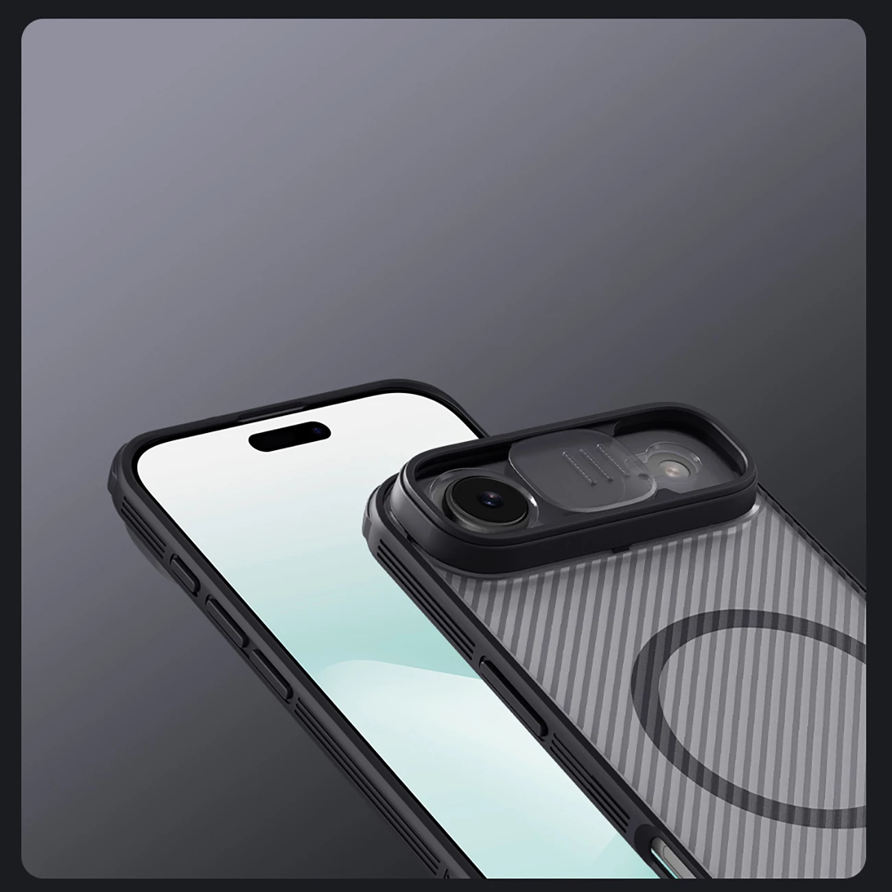 Mbështjellës Nillkin CamShield Pro për iPhone 17 Air, MagSafe, PC+TPU, gjysmë-transparent mat, e zezë transparente