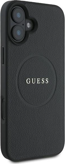 Mbështjellës Guess Grained Gold Ring MagSafe për iPhone 16 Plus, i zi