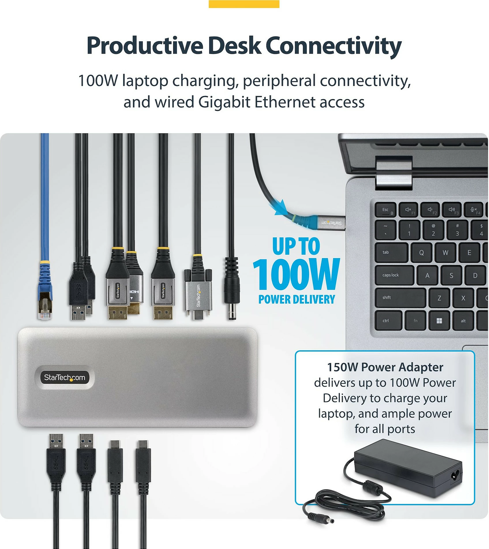 Docking station StarTech 199UE-USBC-DOCK, USB-C, HDMI + DisplayPort, 4K, Gigabit Ethernet, 10Gbps, gri