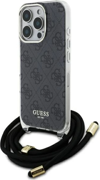 Mbështjellës Guess Crossbody Cord 4G Print për iPhone 16 Pro Max, i zi