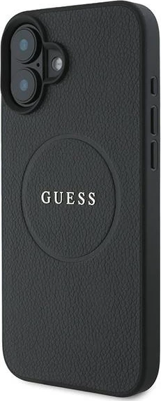 Mbështjellës Guess Grained Gold Ring MagSafe për iPhone 16 Plus, i zi