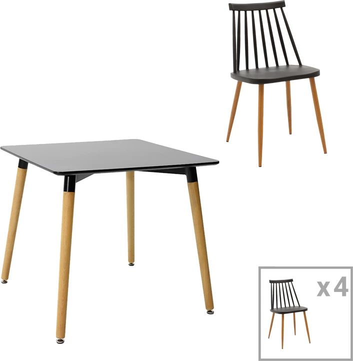 Set tavoline me karrige Aurora-Natali, 5 pjesë, MDF-PP, ngjyrë natyrale e zezë, 80x80x76cm