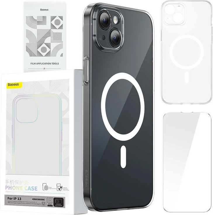 Mbështjellës Baseus Magnetic Crystal Clear për iPhone 13, transparent, me xham të temperuar dhe set pastrimi