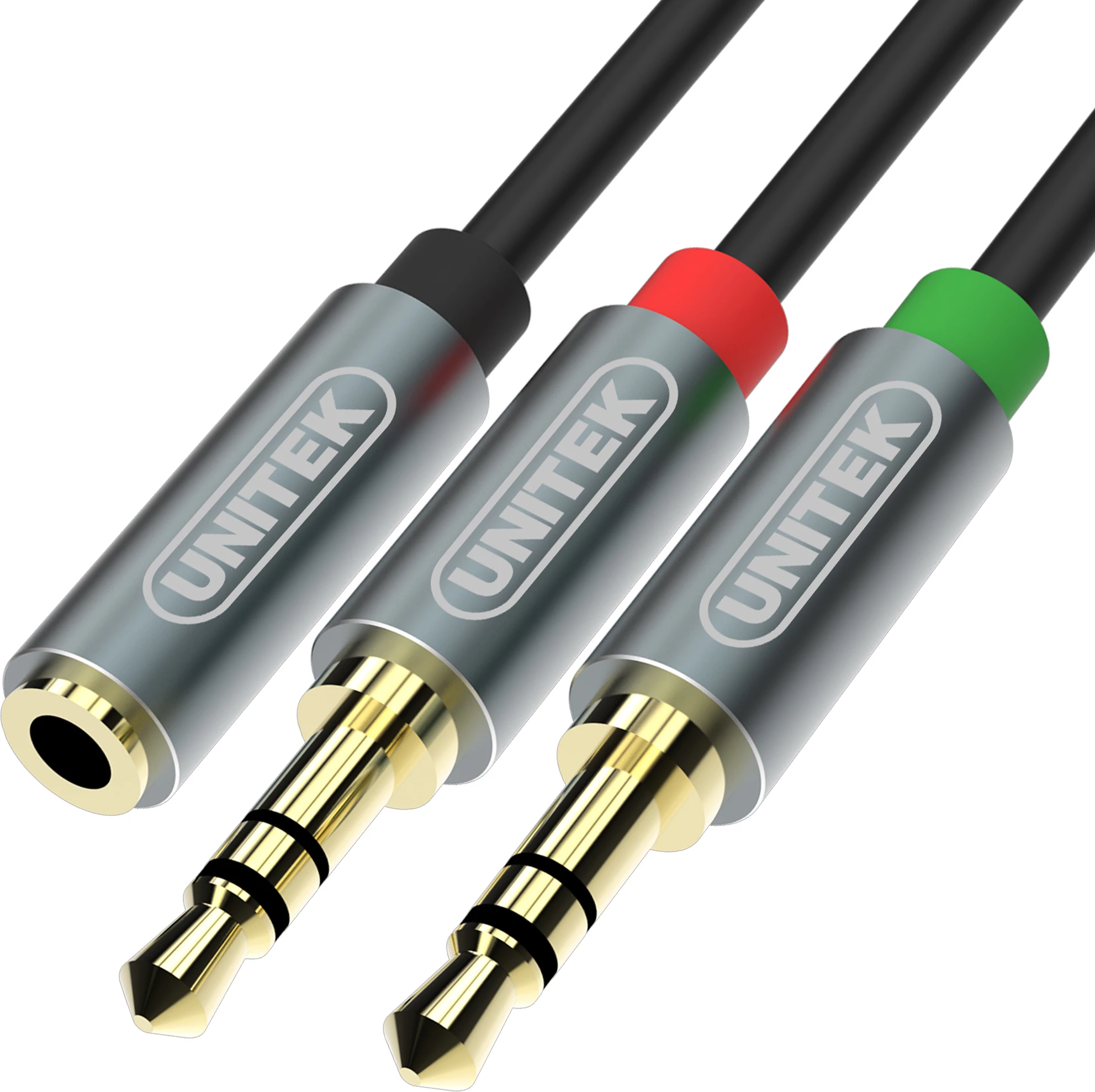 Kabllo/adapter ndarës AUX Unitek Y-C957ABK, 0.2 m, Jack 3.5mm (femër) në 2x Jack 3.5mm (meshkuj), argjendtë