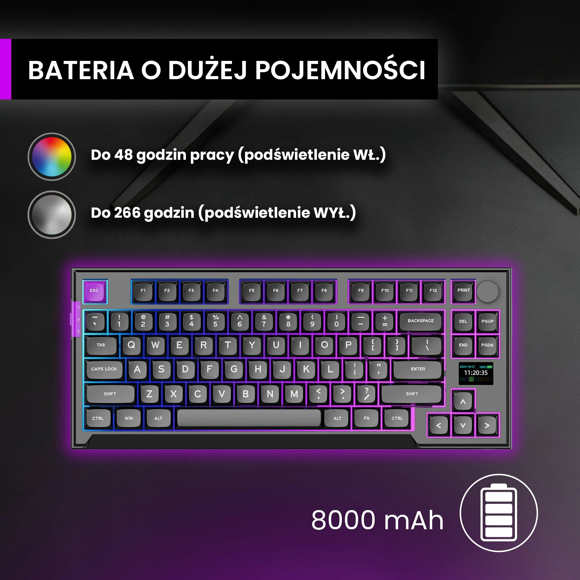Tastierë mekanike PREYON Silent Claw TKL PSCTR85B, Gateron Red Pro, RGB, tri-mode USB/Bluetooth/2.4GHz, US layout, e zezë