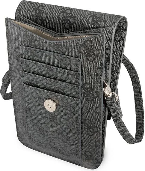 çantë smartphone/portofol Guess GUWBP4TMGR 4G Triangle, lëkurë artificiale, 17.5×11.5 cm, me rrip të heqshëm, e zezë