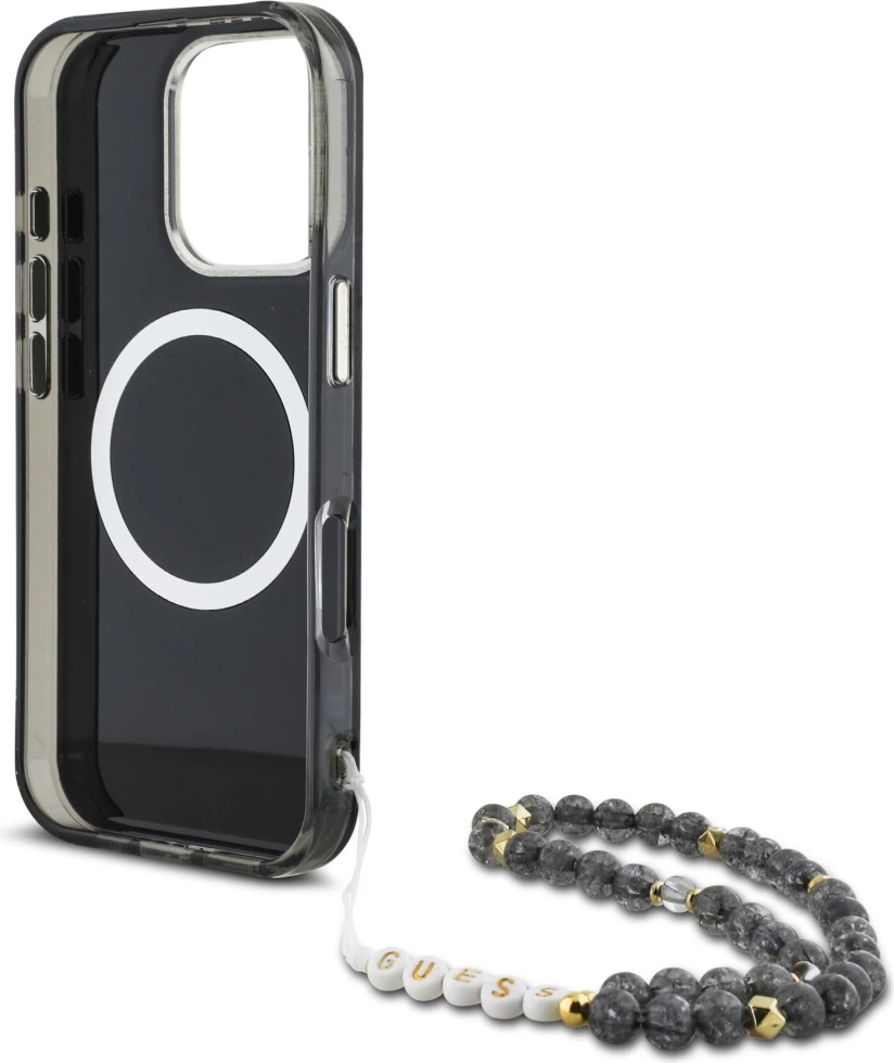 Mbështjellës, Guess, Palm Trees Triangle Pearl Strap MagSafe, për iPhone 16 Pro 6.3", magnet MagSafe, TPU/PC, me rrip me rruaza, zi