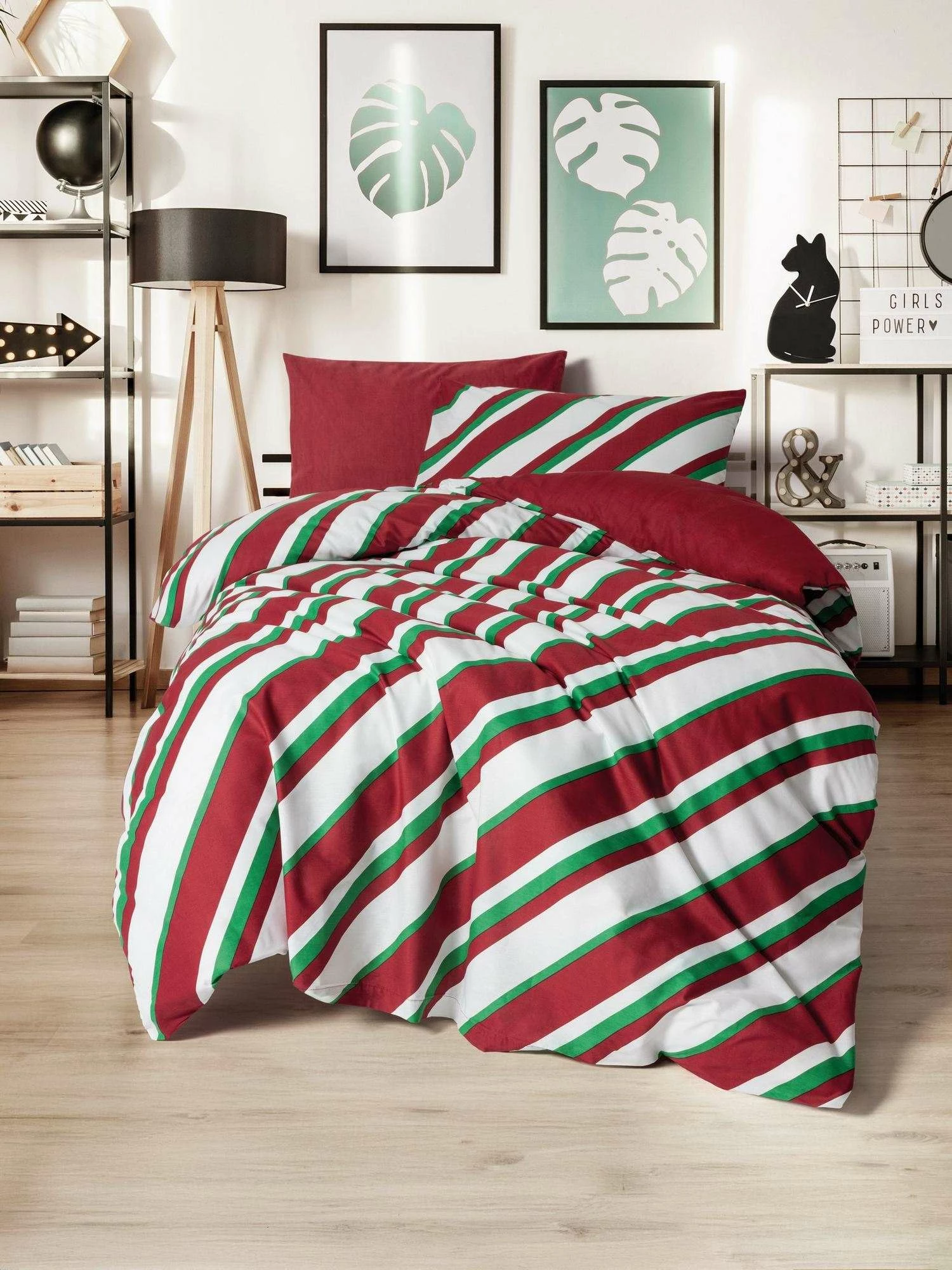 Set mbulesash për dyshek dopio, Ranforce, ngjyrë e kuqe, e bardhë dhe e gjelbër, L'Essentiel Linge de Maison, Merry
