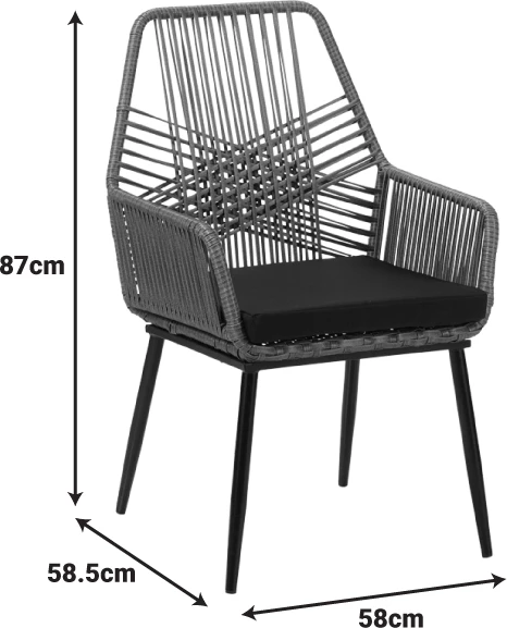 Karrige Tanish prej ratanit PE, ngjyrë gri, këmbë metalike të zeza, 58x58.5x87cm