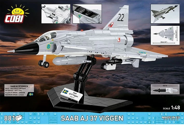 Set blloqe ndërtimi, Cobi, Saab AJ 37 Viggen (COBI-5915), 881 copa, shkallë 1:48, seri Armed Forces