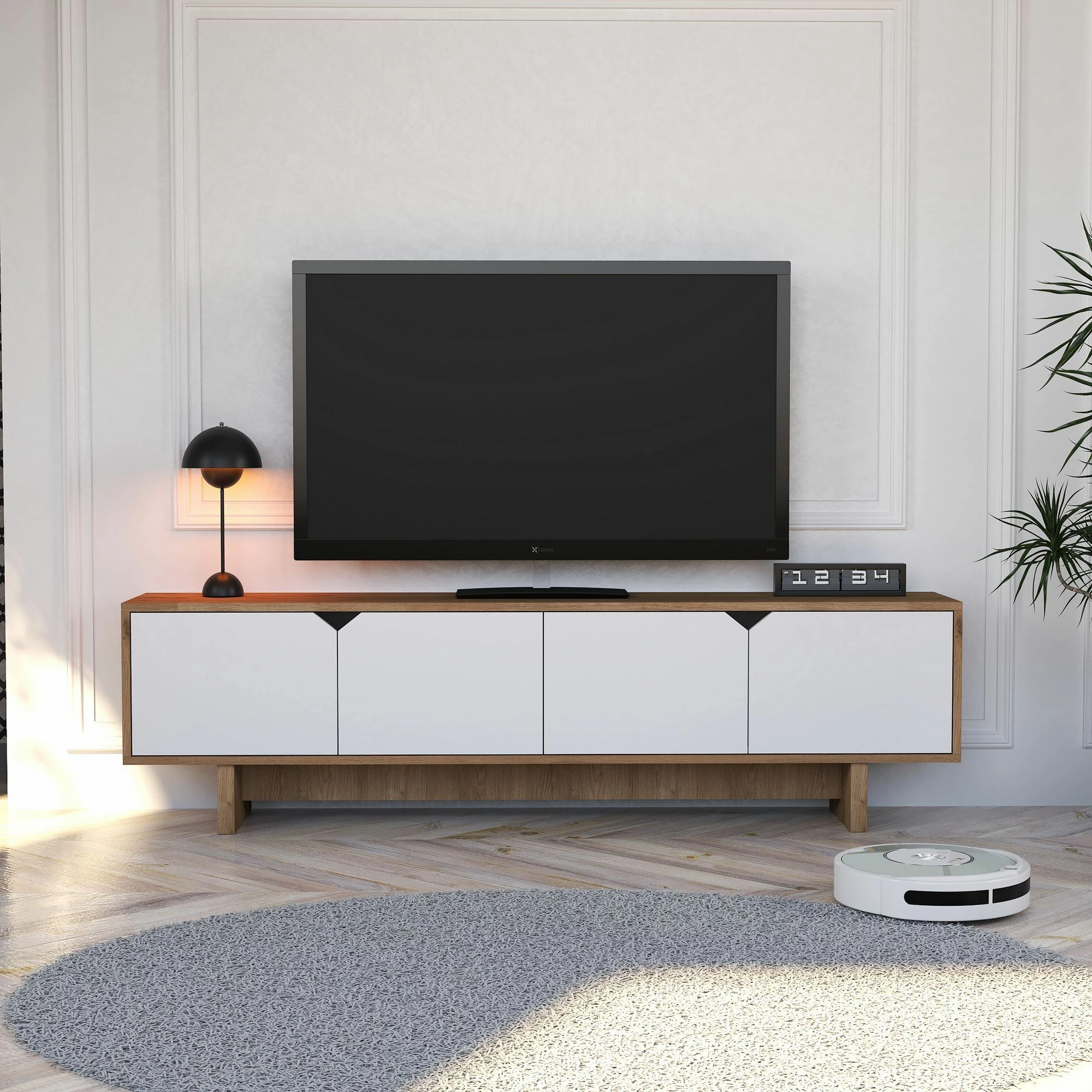 Komodë TV Skye Decor, ngjyrë lisi dhe e bardhë