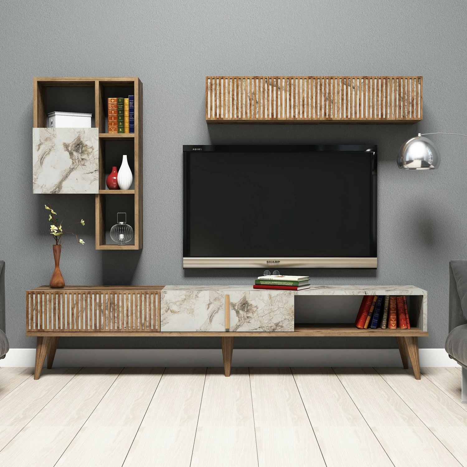 Komodë TV Skye Decor, Milan, ngjyrë arre, mermer i bardhë