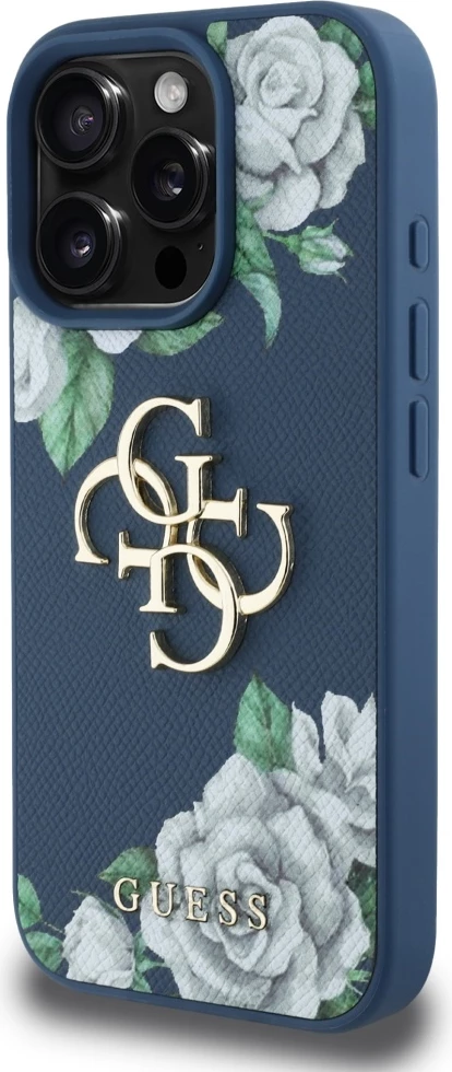 Mbështjellës Guess Grained Roses Big 4G logo për iPhone 16 Pro, Blu