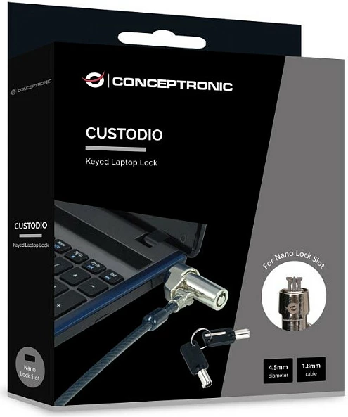 Kabllo sigurie për laptop Conceptronic NBT, Nano slot, 1.8 m, 2 çelësa, e zezë