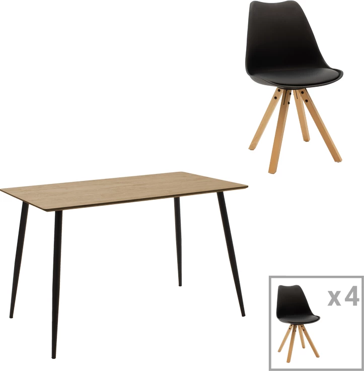 Tavolinë me karrige Cuba-Caron A set prej 5 copash MDF dhe pp, ngjyrë e zezë-natyrale, 120x70x76cm