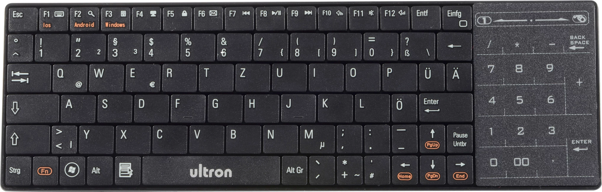 Tastierë Ultron UMT-BT, Bluetooth, QWERTZ (DE), full-size me numpad dhe touchpad, e zezë