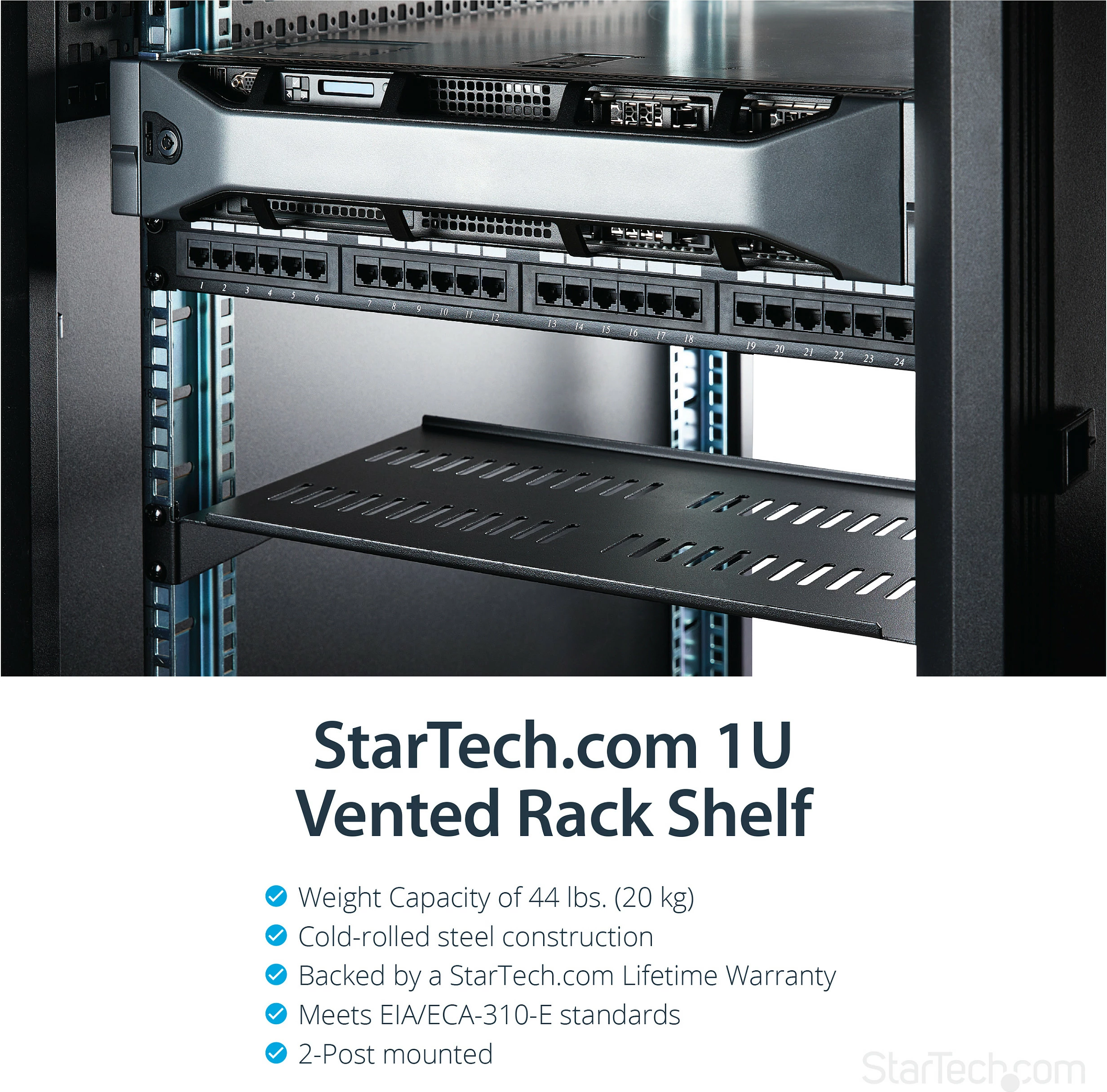 Raft për rack serveri StarTech CABSHELFV1U, 1U, 19", 10", 20kg, çelik i ventiluar, i zi
