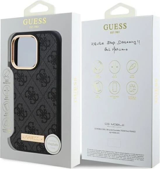 Mbështjellës Guess 4G Logo Plate MagSafe për iPhone 16 Pro, Zi