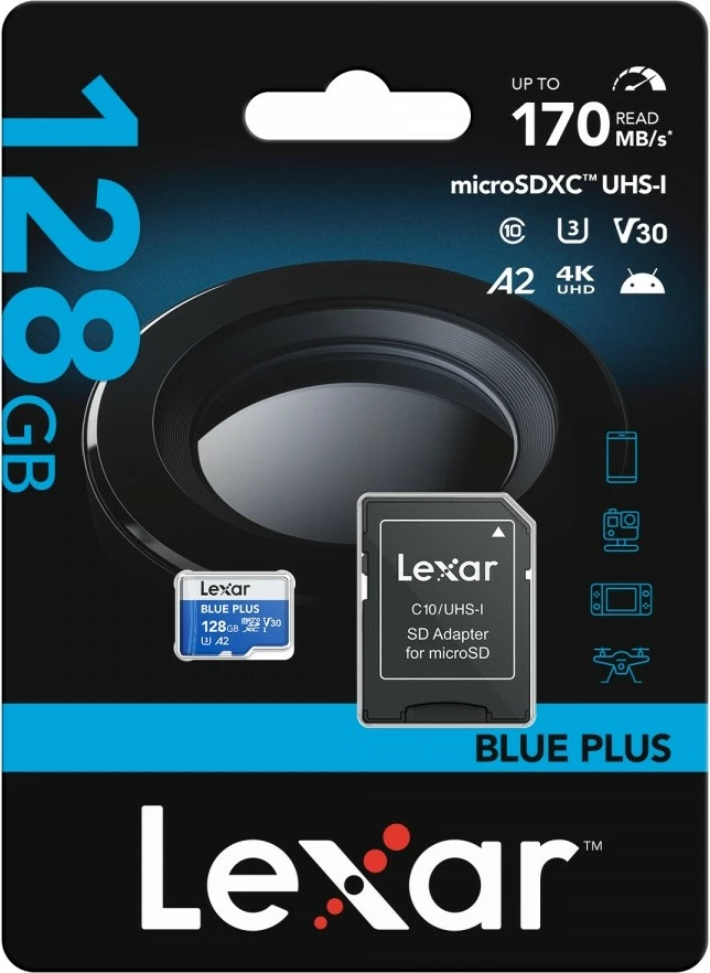 Kartë memorie microSD, Lexar, LMSBLPL128G-BNANG, 128GB SDXC UHS-I 170MB/s C10 A2 U3 V30, me adapter SD, blu