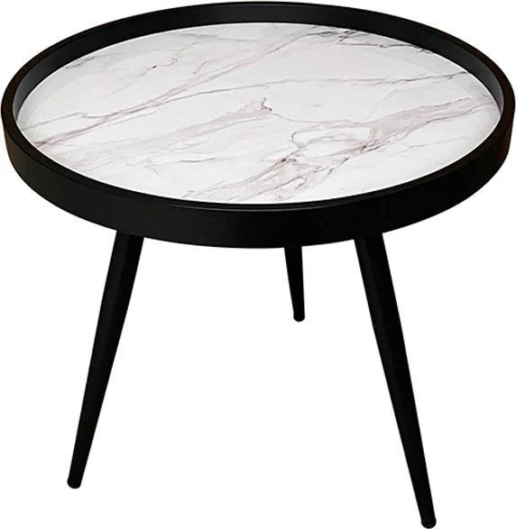 Tavolinë anësore Marm, e bardhë me dizajn mermeri, këmbë të zeza, 49.5x49.5x52cm